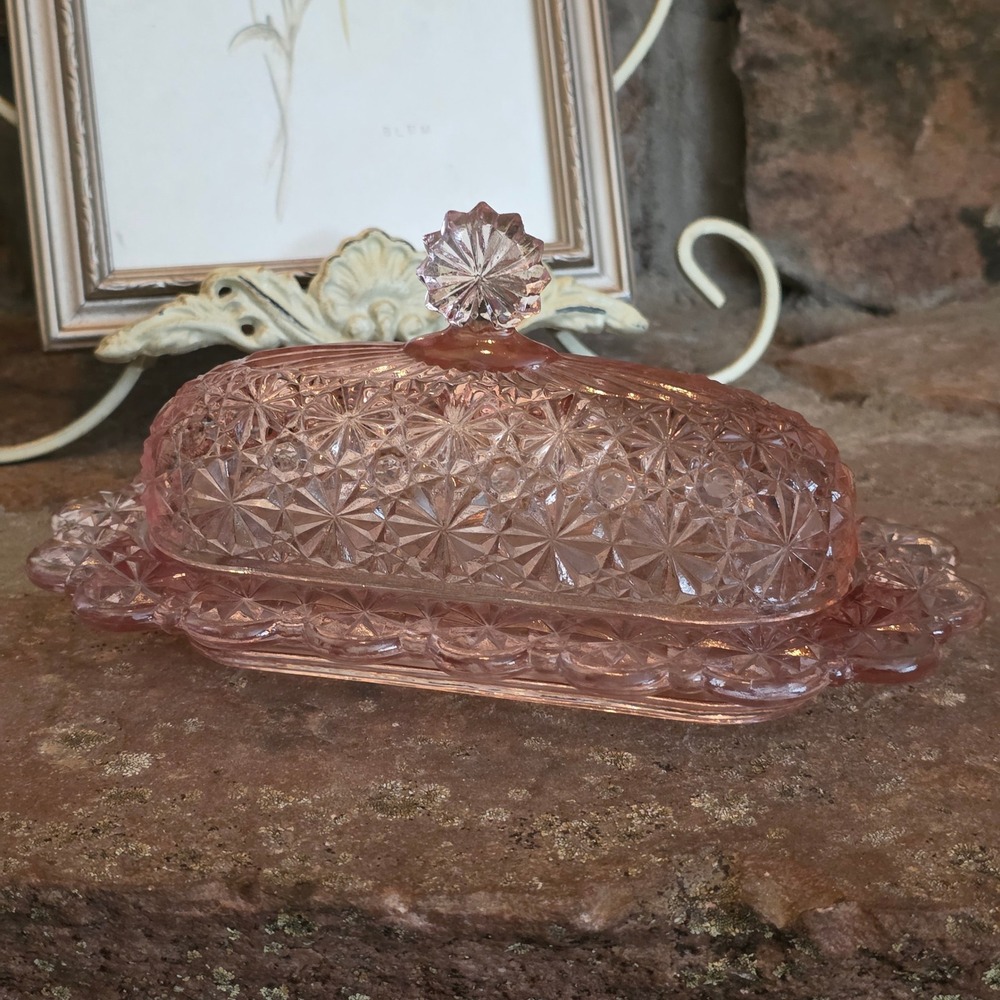 Vintage Pink Depression Glass Butter Dish Starburst Daisy Pattern Covered Server